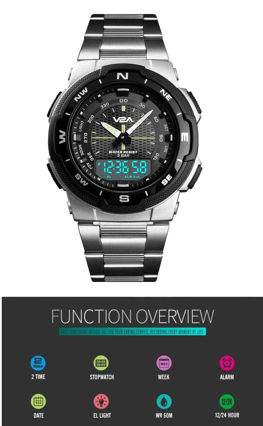 V2A Multi-Function Chronograph Analog-Digital IP Stainless Steel Watch for Men