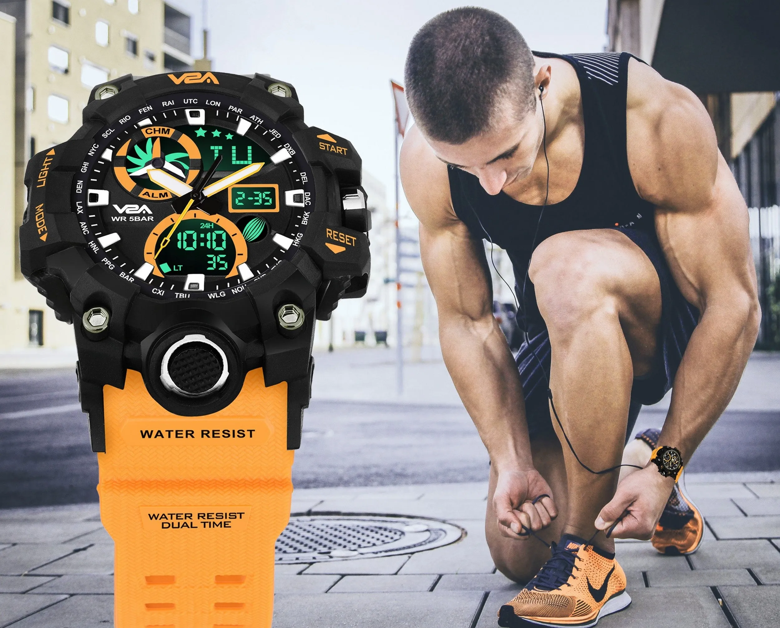 V2A Orange Chronograph Shockproof Waterproof Analog-Digital Day And Date Display Sports Watch For Men