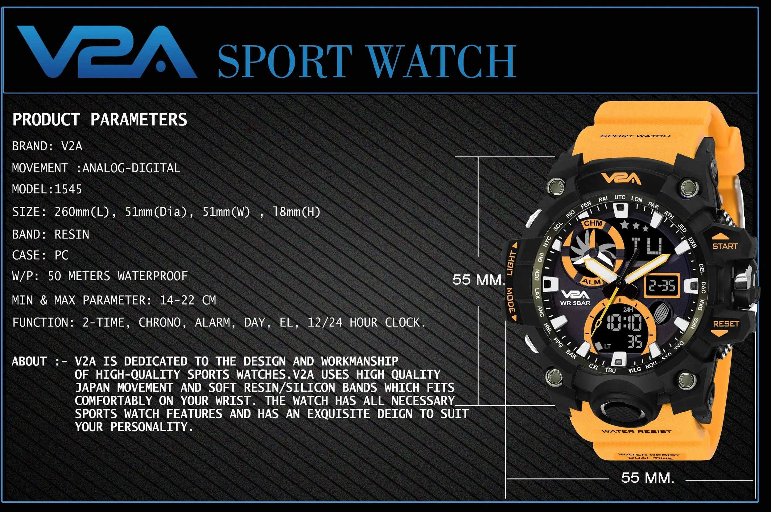 V2A Orange Chronograph Shockproof Waterproof Analog-Digital Day And Date Display Sports Watch For Men