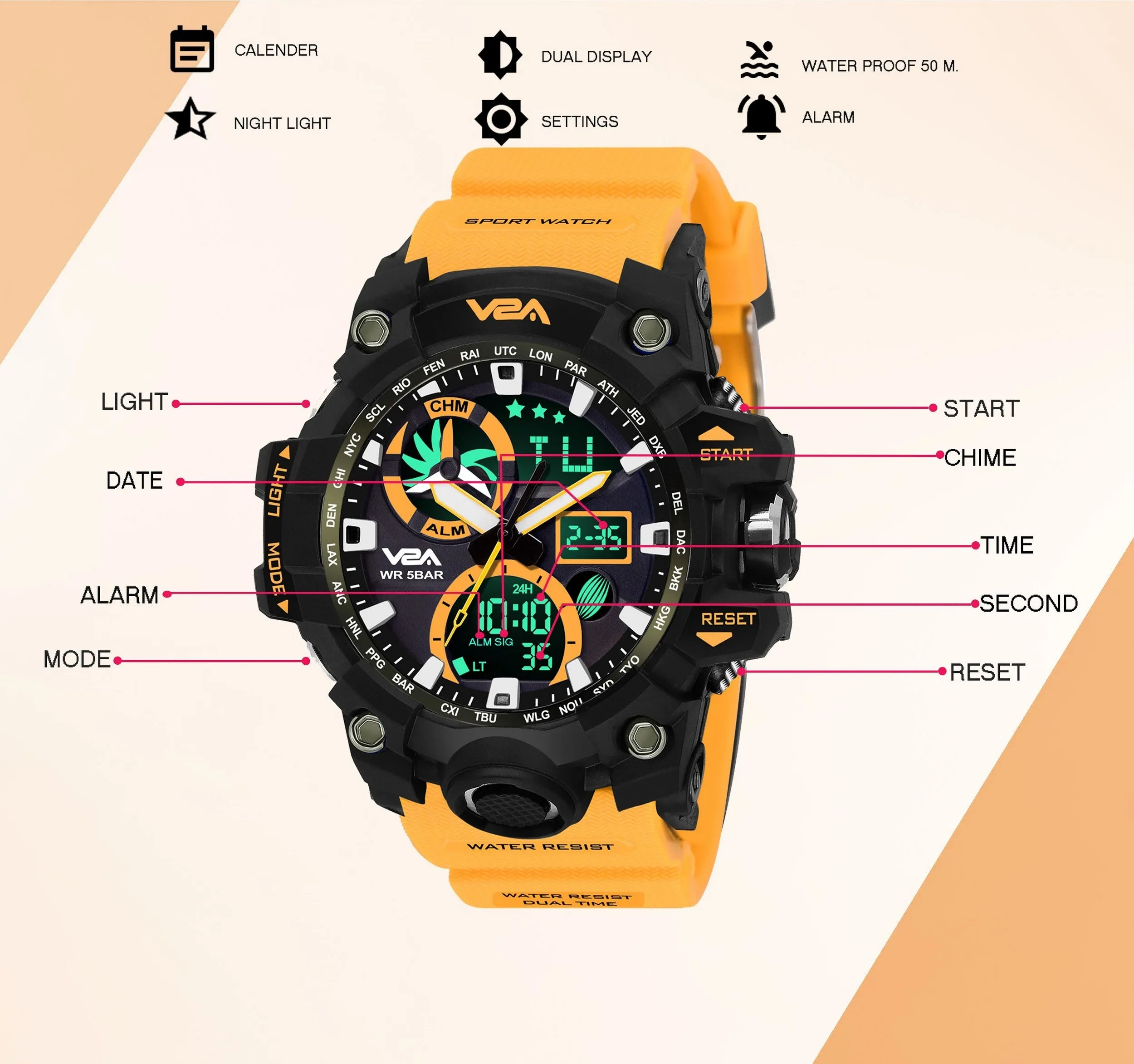 V2A Orange Chronograph Shockproof Waterproof Analog-Digital Day And Date Display Sports Watch For Men