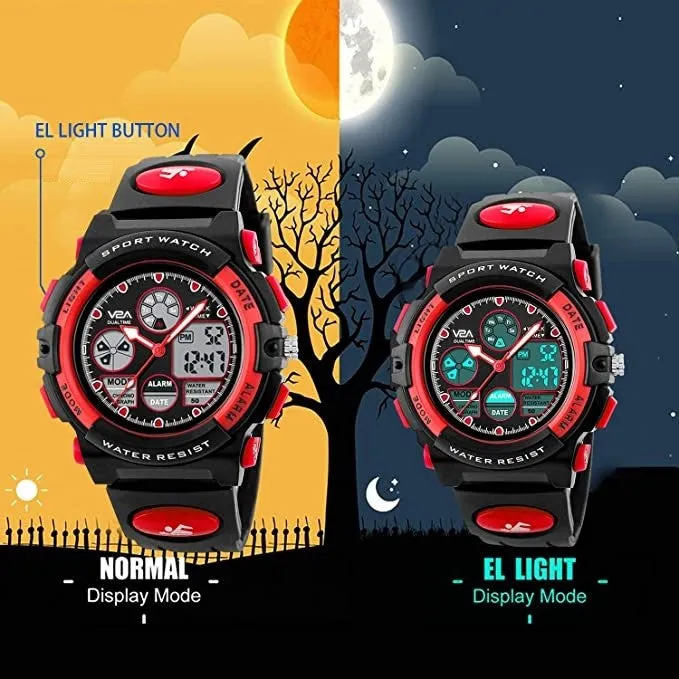 V2A Red Analogue-Digital Shock Resistant Alarm Calender Water Proof Sports Watch For Boys And Girls