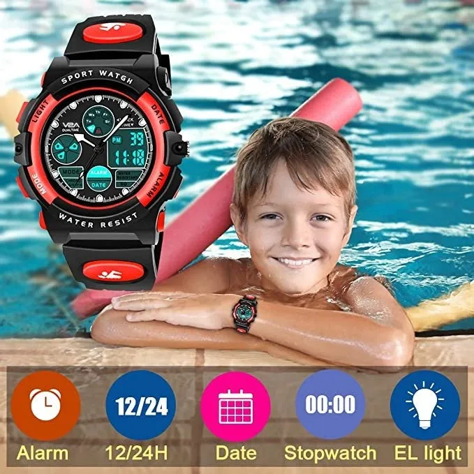 V2A Red Analogue-Digital Shock Resistant Alarm Calender Water Proof Sports Watch For Boys And Girls