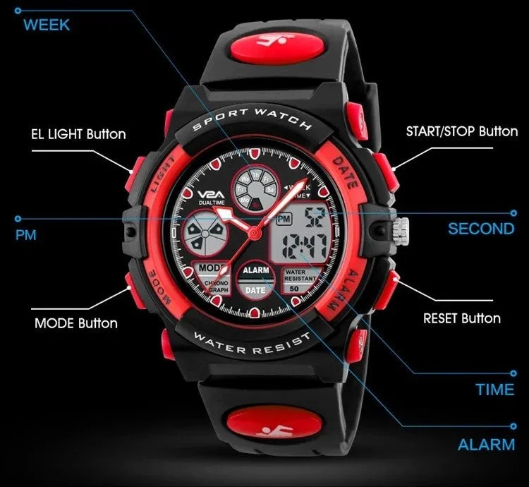 V2A Red Analogue-Digital Shock Resistant Alarm Calender Water Proof Sports Watch For Boys And Girls