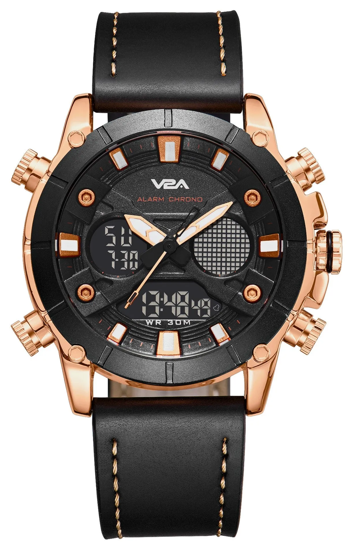 V2A Ultra Blue Gold Alloy Case Genuine Leather Band Analog Digital Fashion Watch for Men Latest Men’s Watch | Gifts for Men | Gift for Brother | Gift for Husband | Birthday Gifts