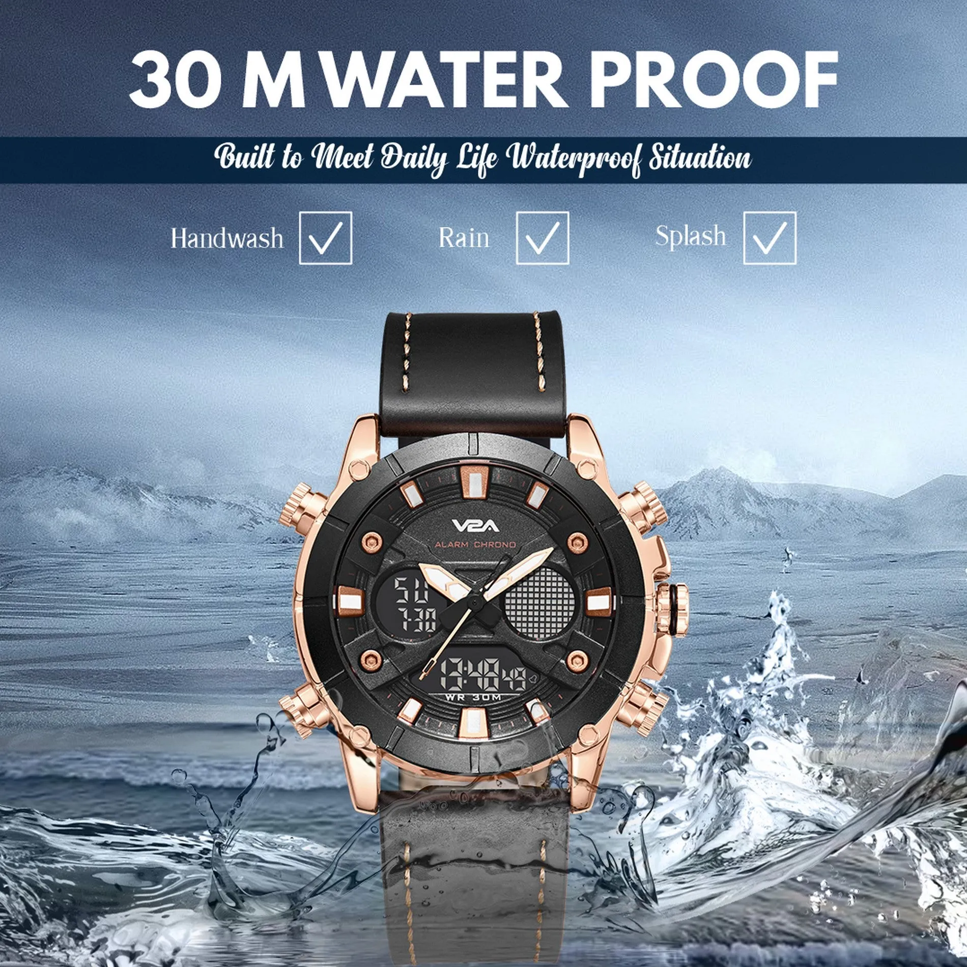 V2A Ultra Blue Gold Alloy Case Genuine Leather Band Analog Digital Fashion Watch for Men Latest Men’s Watch | Gifts for Men | Gift for Brother | Gift for Husband | Birthday Gifts