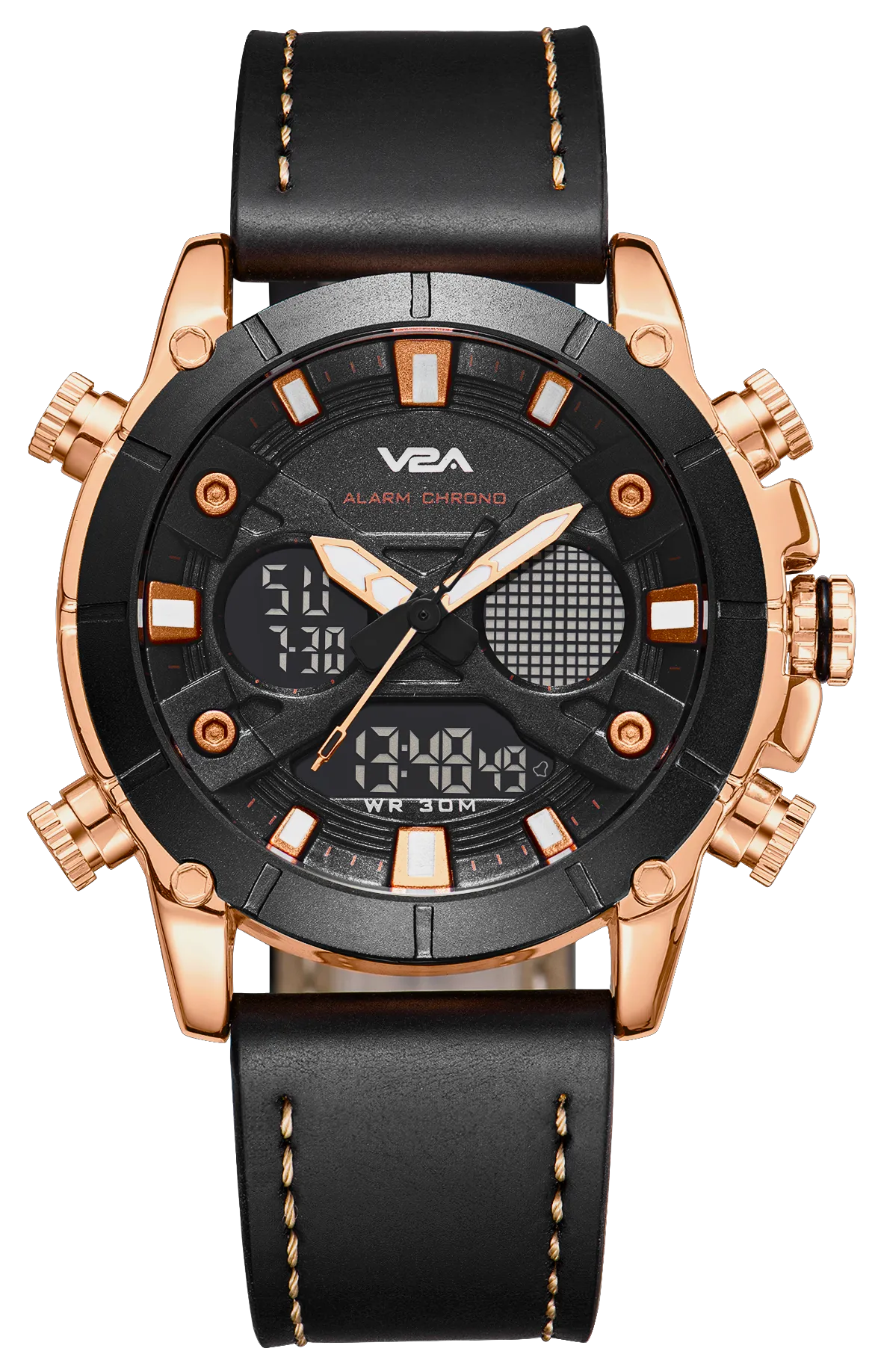 V2A Ultra Blue Gold Alloy Case Genuine Leather Band Analog Digital Fashion Watch for Men Latest Men’s Watch | Gifts for Men | Gift for Brother | Gift for Husband | Birthday Gifts