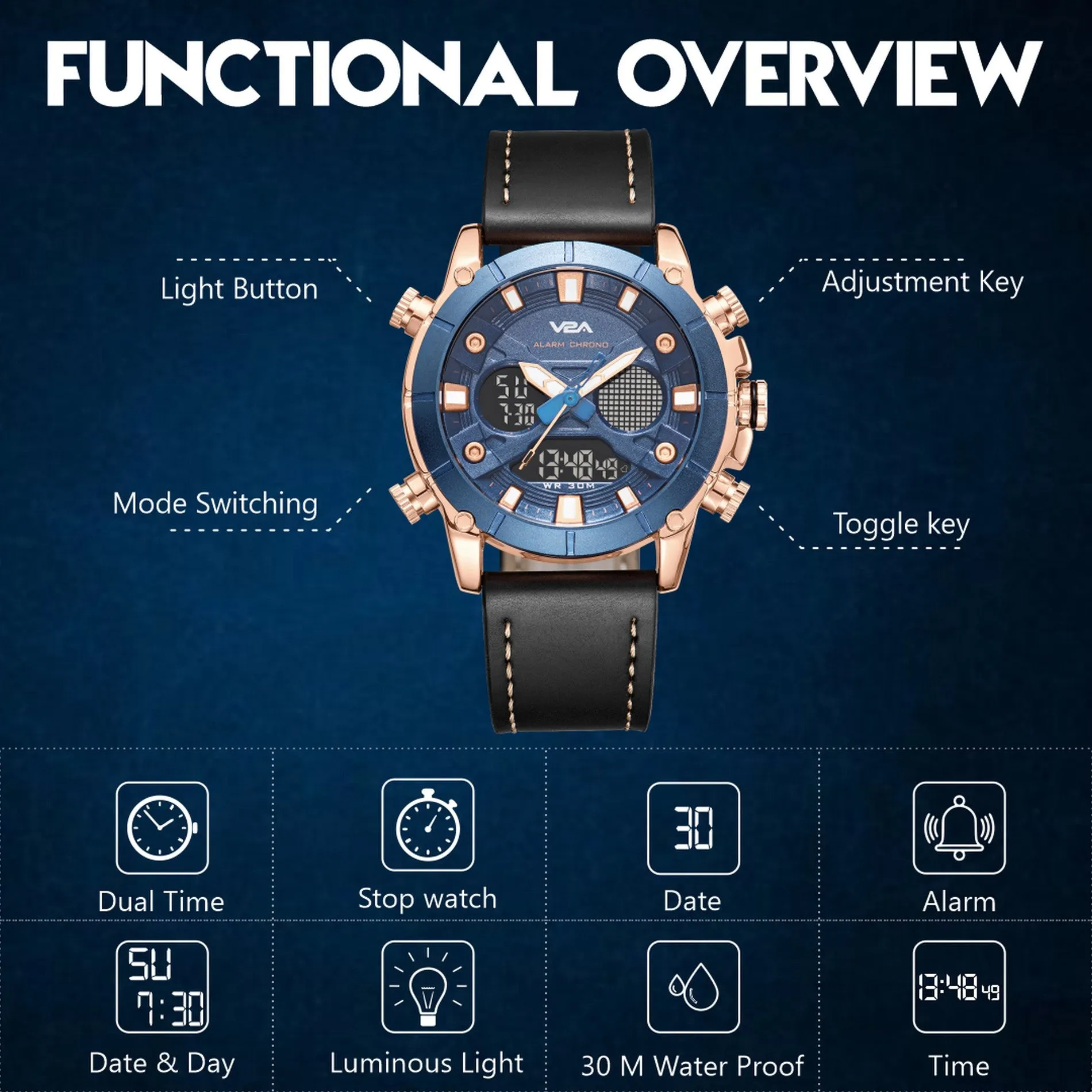 V2A Ultra Blue Gold Alloy Case Genuine Leather Band Analog Digital Fashion Watch for Men Latest Men’s Watch | Gifts for Men | Gift for Brother | Gift for Husband | Birthday Gifts