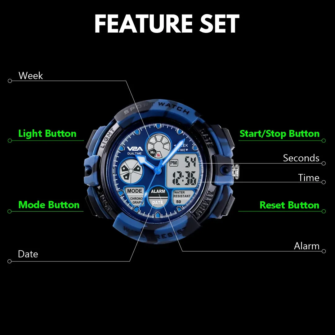 V2A Watch for Boys Age 7 and above Analogue-Digital Shock Resistant Alarm Calender Water Proof Sports Watch for Boys Age 7 to 16 Years