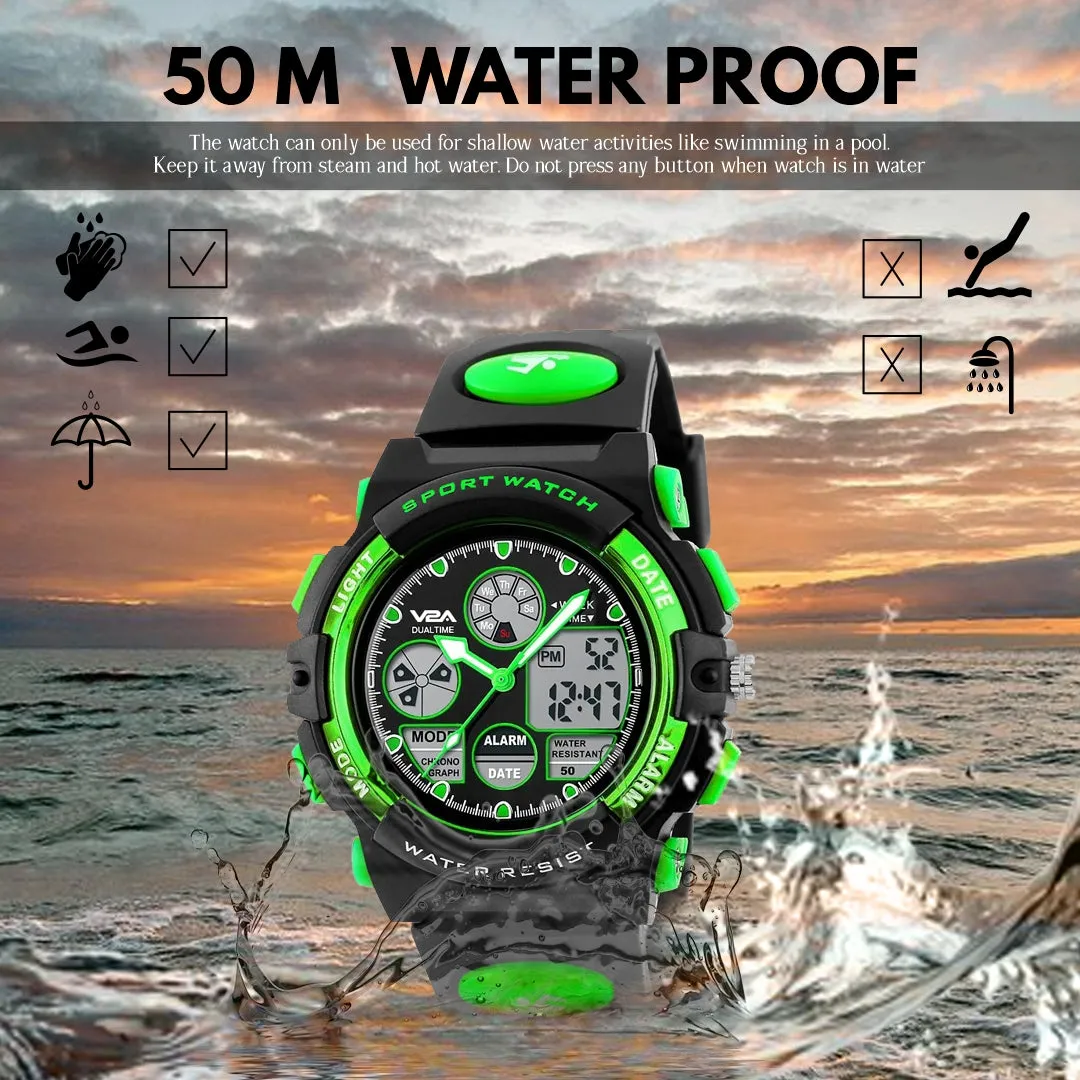 V2A Watch for Boys Age 7 and above Analogue-Digital Shock Resistant Alarm Calender Water Proof Sports Watch for Boys Age 7 to 16 Years