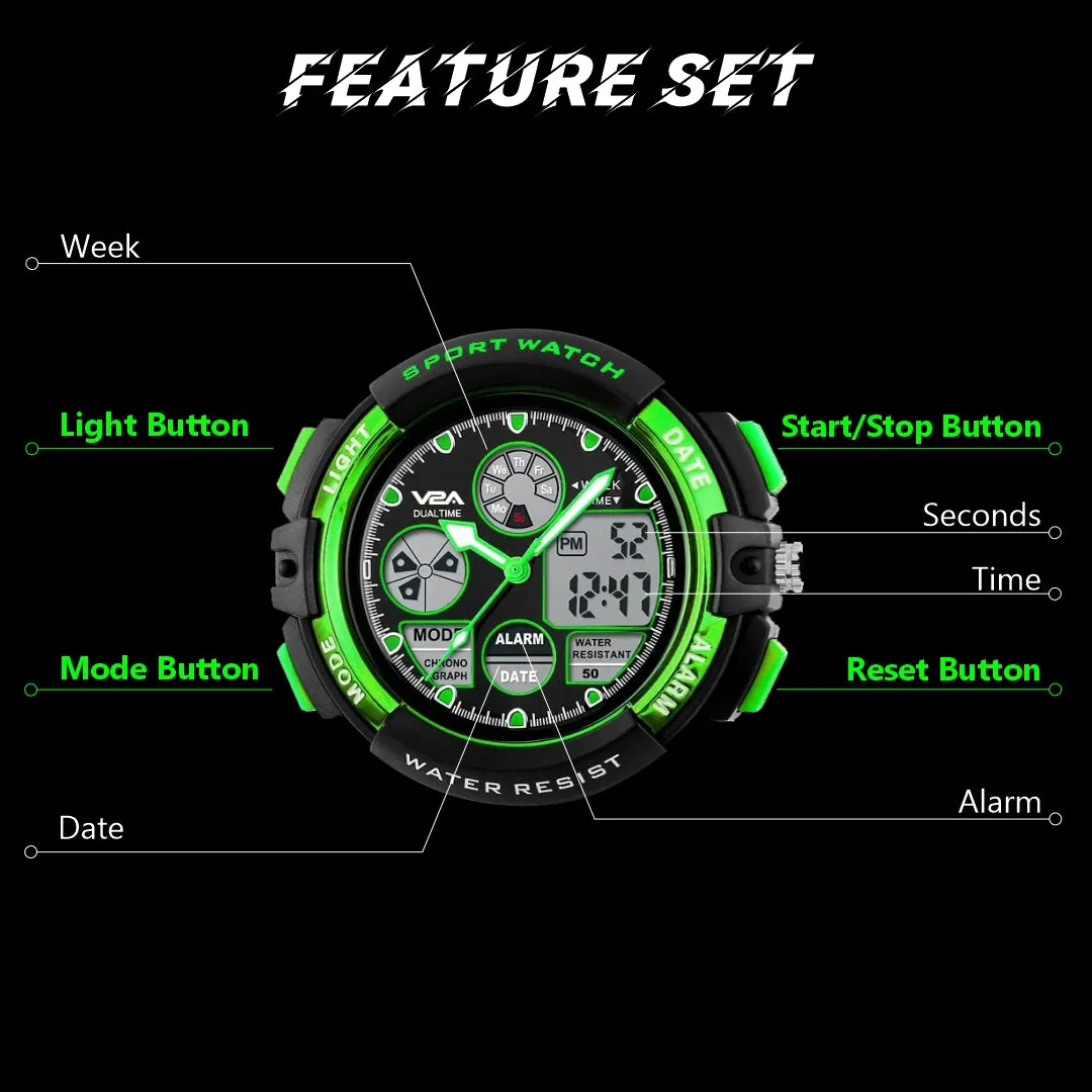 V2A Watch for Boys Age 7 and above Analogue-Digital Shock Resistant Alarm Calender Water Proof Sports Watch for Boys Age 7 to 16 Years