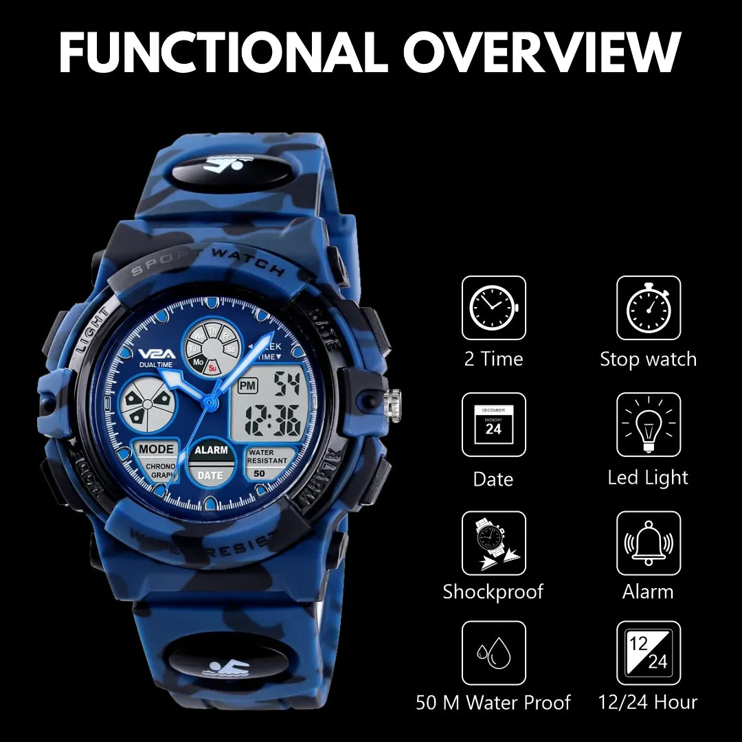 V2A Watch for Boys Age 7 and above Analogue-Digital Shock Resistant Alarm Calender Water Proof Sports Watch for Boys Age 7 to 16 Years