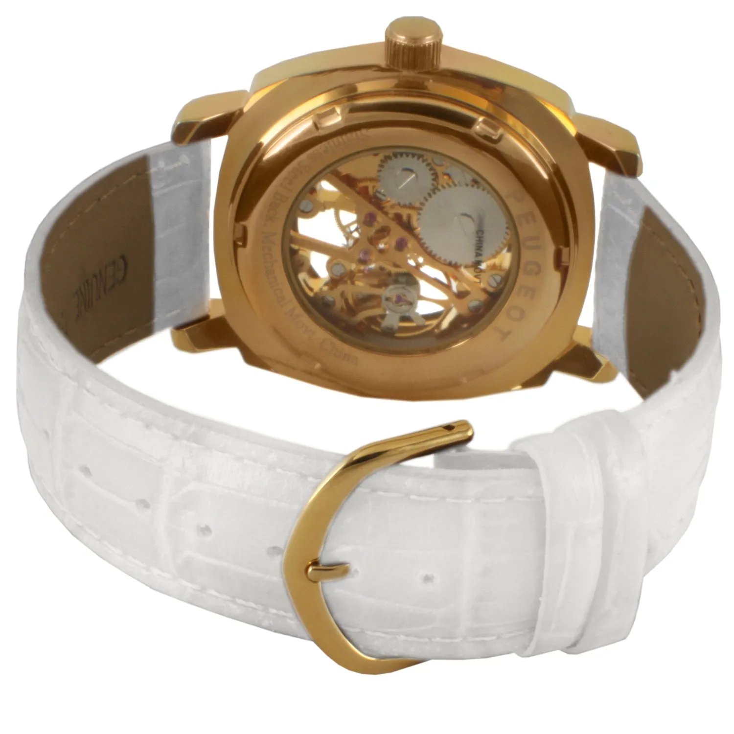 Women's Mechanical Skeleton Watch with Crystal Bezel & White Leather Band